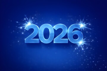 Translucent icy-blue &ldquo;2026&rdquo; centered on a gradient royal-blue background. Bright white sparklers ignite at the edges of the numbers, emitting star-like sparks and light trails.
