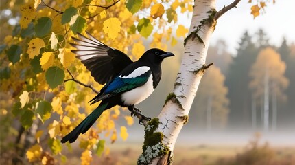 Magpie taking flight on birch tree branch in autumn forest
