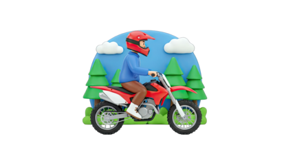 3D Render of a Motocross Rider on a Red Motorcycle in a Forest