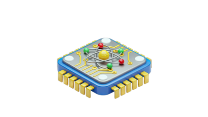 3D Render of a Microchip with Atom Model on White Background