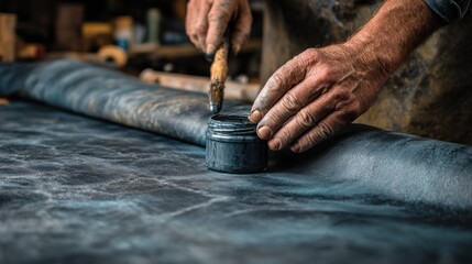 Medium shot of artisan applying bluegray tinted chromium salts on leather highlighting smooth texture and fast chrome tanning process in workshop.