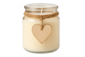 Scented candle in glass jar with wooden heart