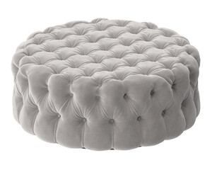 Luxurious round tufted ottoman in soft grey velvet, perfect for modern living spaces