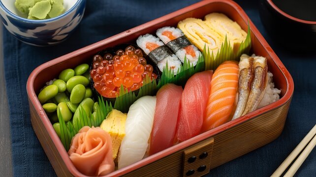 Delicious sushi assortment with edamame salmon sashimi and sushi rolls in a wooden bento box