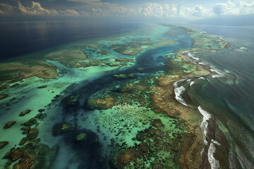 Obraz premium Aerial view of large scale coral reef system with turquoise and deep blue waters under cloudy sky, showcasing vibrant marine ecosystem and natural beauty of tropical ocean