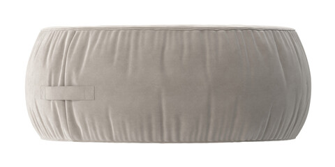 Plush round ottoman with fabric handle, soft beige upholstery, modern home decor accent