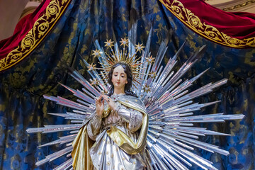 Virgin Mary Statue With Radiant Halo and Ornate Silver Robe for Religious Display