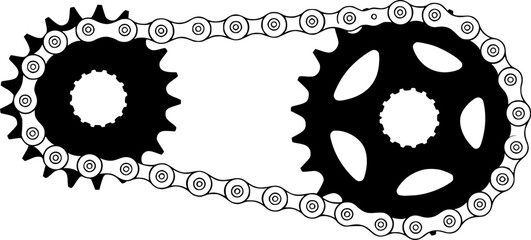 A bicycle chain connects two sprockets. The sprockets are black with sharp, pointed teeth