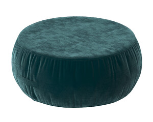 Plush teal round ottoman with a textured velvet fabric and gathered sides