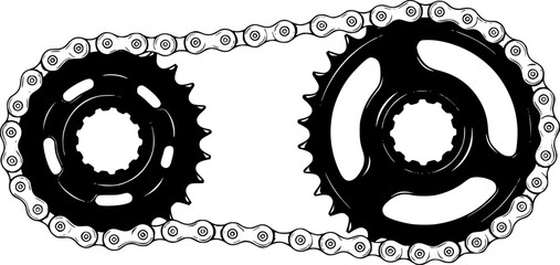 A bicycle chain connects two sprockets. The sprockets are black with sharp, pointed teeth