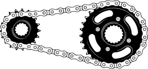 A bicycle chain connects two sprockets. The sprockets are black with sharp, pointed teeth
