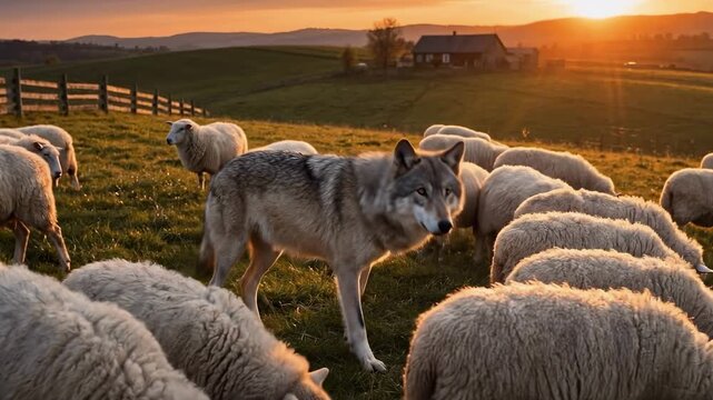 A wolf hidden among a flock of sheep on a farm at sunset. A predator disguised amongst its prey in a rural pasture. The concept of hidden danger and deception