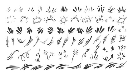 Comic Speed Lines, Bursts, Arrows, Blast Splash Lightning and Collage Emphasis Marks Action Anime Effects Set. Hand Drawn Black Ink Doodle Elements for Manga Expressive Design. Vector Illustration