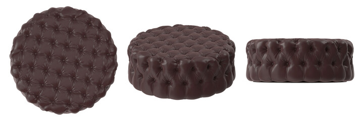 Round tufted brown leather ottoman or coffee table on a white background