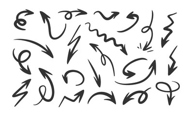 Arrow Hand Drawn Set with Curved, Zigzag and Swirl Shapes. Black Ink Doodle Arrows, Directional Pointers for Collage Emphasis, Infographics Creative Design Expressive Accent. Vector Illustration