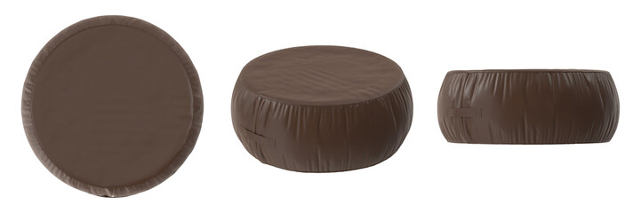 Round brown ottoman with a textured fabric cover, shown from multiple angles