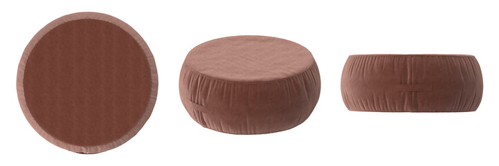 Round brown velvet ottoman with gathered fabric sides, versatile for seating or footrest