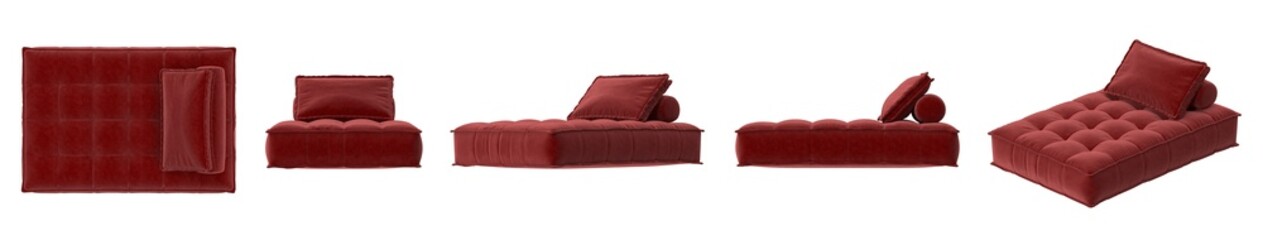 Modern tufted chaise lounge with plush cushions in a rich crimson velvet fabric