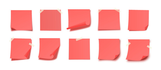 Red Sticky Notes Set with Curl Folded Corners, Tape and Soft Shadows on White Background. Realistic Empty Paper Memo Template for Planning Reminder. Clean Note Sticker Collection. Vector Illustration