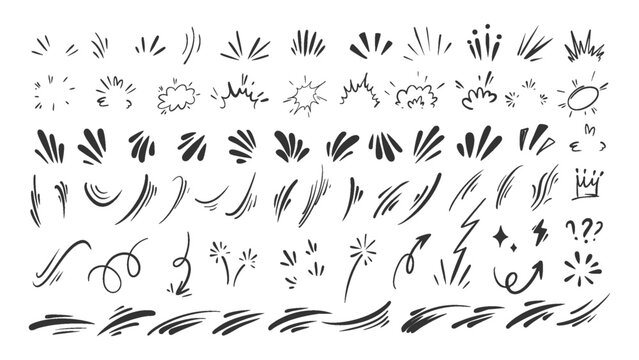 Comic Speed Lines, Bursts, Arrows, Blast Splash Lightning and Collage Emphasis Marks Action Anime Effects Set. Hand Drawn Black Ink Doodle Elements for Manga Expressive Design. Vector Illustration