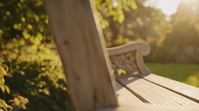 Wooden bench with carved design on backrest sits prominently, capturing the concept of looking for inspiration or insight, suitable for use cases such as wellness, self reflection.