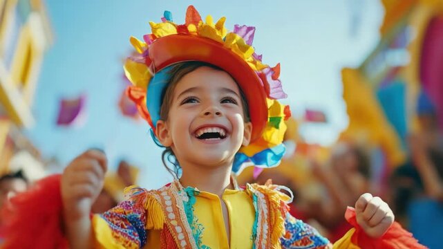 Smiling child wearing colorful traditional festival attire with decorative hat, laughing and smiling towards camera, surrounded by festive atmosphere.