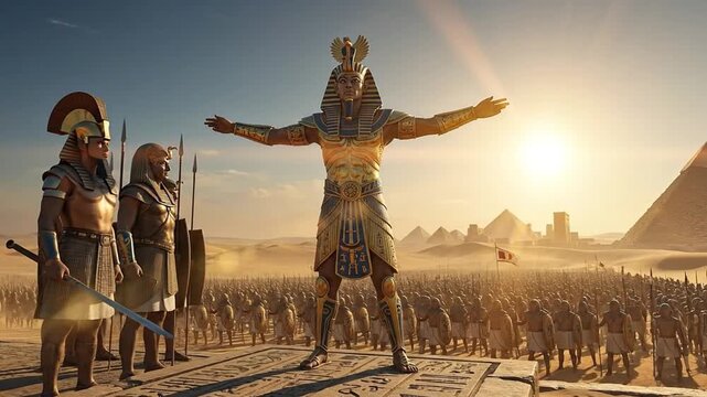 Powerful Egyptian pharaoh commanding army in golden armor in desert