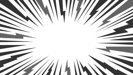 Fototapeta premium Explosion Speed Lines Pop Art Background with Halftone Lightning Rays. Black and White High Contrast Retro Manga Burst Ads Banner. Powerful Comic Sunburst Effects for Posters. Vector Illustration