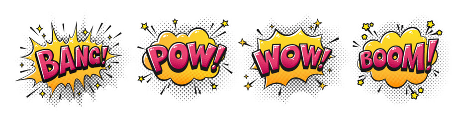 Bang Pow Wow Boom Comic Pop Art Sound Effects Set with Halftone Dots and Explosion Speech Bubbles. Hand Drawn Lettering. Retro Cartoon Action Words for Stickers, Posters, Comics. Vector Illustration