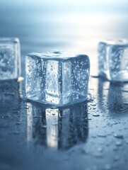 Close-up of melting ice cubes with water droplets on reflective surface