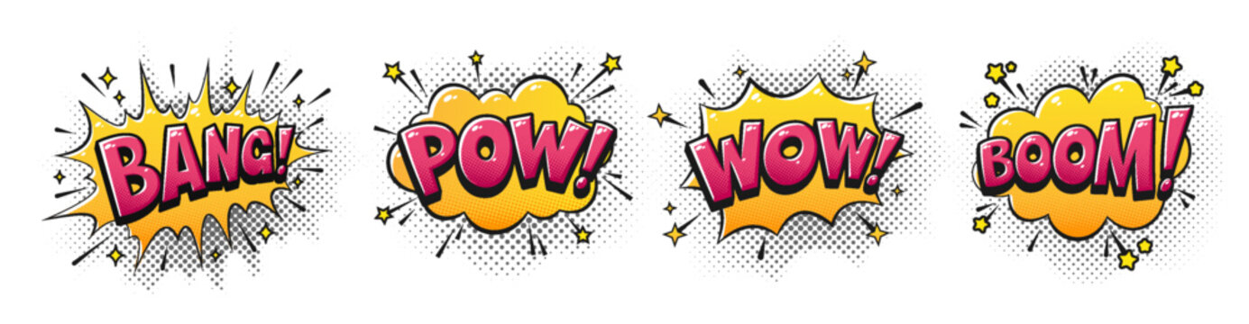 Bang Pow Wow Boom Comic Pop Art Sound Effects Set with Halftone Dots and Explosion Speech Bubbles. Hand Drawn Lettering. Retro Cartoon Action Words for Stickers, Posters, Comics. Vector Illustration