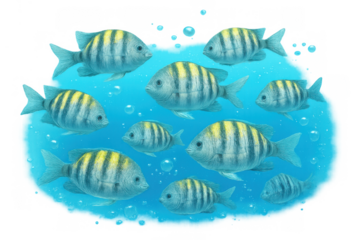 School of sergeant major fish with yellow and blue stripes swimming in blue water surrounded by air bubbles, marine life