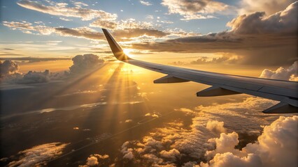 Fototapeta premium Airplane wing soaring through clouds at sunrise with sun rays shining through