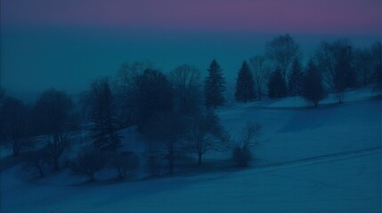 Mystical Winter Night Landscape with Snow Covered Field and Forest Silhouettes under Purple Twilight Sky Moody Blue Hour Nature Background for Christmas and Silent Night Concept