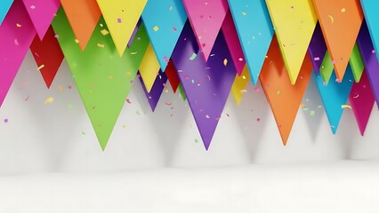 Vibrant geometric party bunting with falling confetti creates a lively and joyful backdrop for celebrations, festivals, and special events