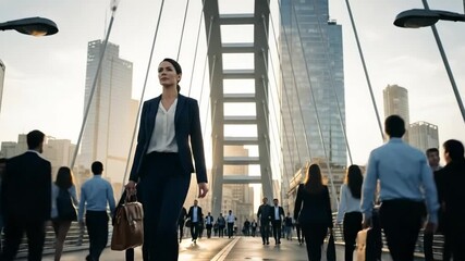Business woman walking commute across urban bridge structure