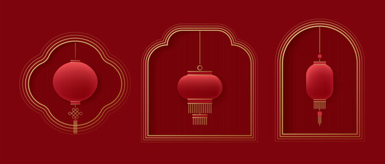Chinese frames with red lanterns. Paper cut style frame, design element in asian style. 