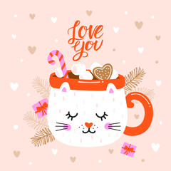 Valentine`s Day card with hot chocolate, marshmallows, candy cane in a mug in the form of cat. Cute flat cartoon vector illustration.