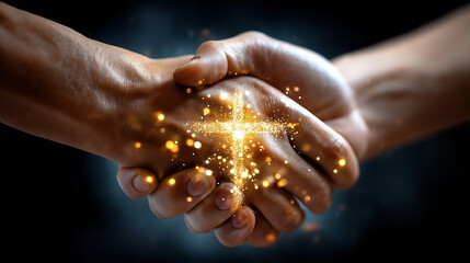Christian handshake with sparkling cross of light, divine and magical symbol of faith unity and agreement, concept of fellowship brotherhood and Holy Spirit, powerful religious ima