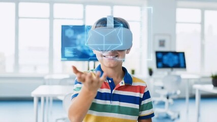A smiling boy uses a virtual reality headset for interactive learning in a modern classroom. Student exploring futuristic 3D holograms for a STEM lesson. Education technology concept - Powered by Adobe