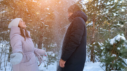 Surprised Woman Shares Warm Connection Outdoors, Excited Woman Responds To Partner Amidst Winter Woodland Scenery, Woman Expresses Happiness As She Notices Partner During Scenic Snowy Forest Walk