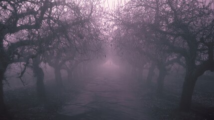 Surreal Purple Orchard in Thick Fog with Symmetrical Tree Tunnel Ethereal Pink Mist in Mysterious Winter Garden Cinematic Nature Background for Fantasy Design and Dreamy Concept