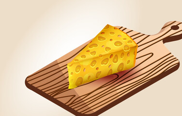 A wedge of yellow cheese with holes sits on a wooden cutting board