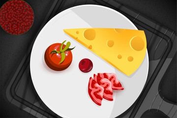 A wedge of yellow cheese with holes sits on a wooden cutting board