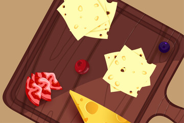 A wedge of yellow cheese with holes sits on a wooden cutting board