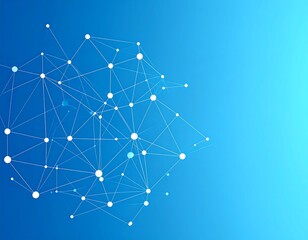 An abstract design featuring a network of connected white dots on a gradient blue background. The lines link, creating a complex pattern