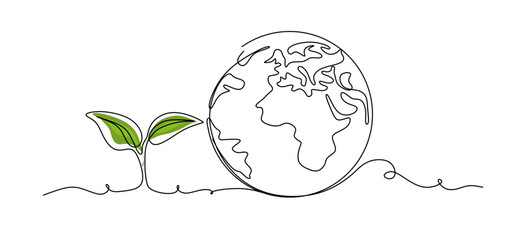 Continuous line Earth with sprout, editable continuous line drawing, vector illustration, symbol of ecological sustainability and growth.