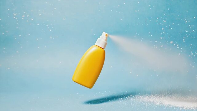 Yellow spray bottle sprays liquid on blue surface with white snowflake texture.
