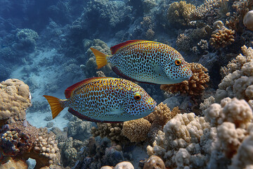 Tropical fish with spotted patterns swim over vibrant coral reef in clear ocean water, showcasing diverse marine life and colorful underwater ecosystem full of natural beauty and calm