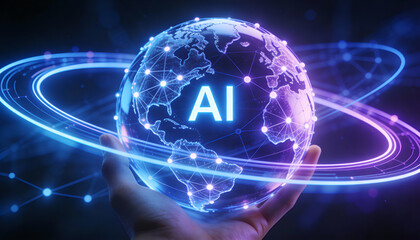 Hand Holding Holographic AI Globe with Neural Network and Orbiting Ring, AI Text for Intelligent Automation, Digital Process Optimization, and Workflow Orchestration in High-Tech Business.